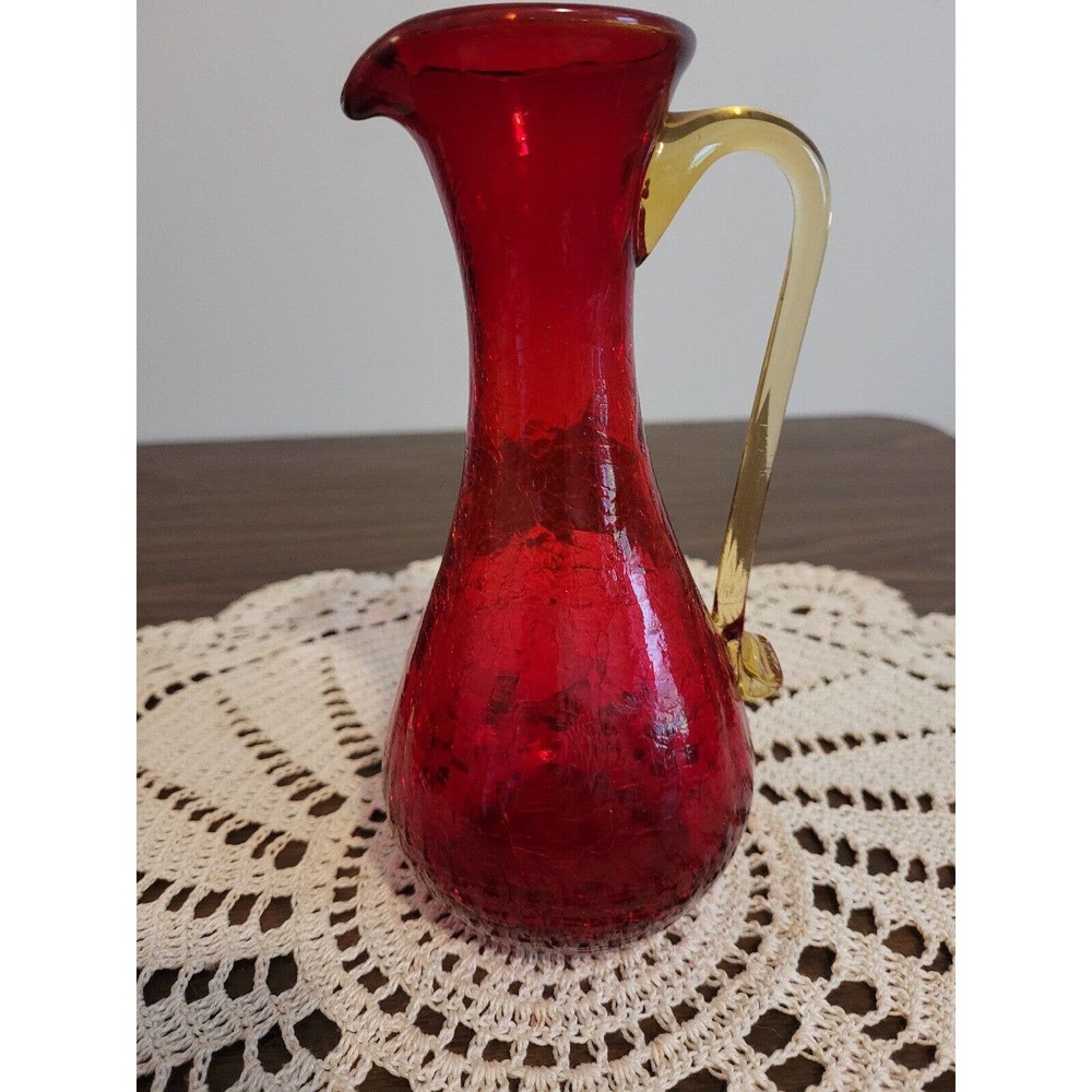 Pilgrim Red crackle glass pitcher with yellow handle
